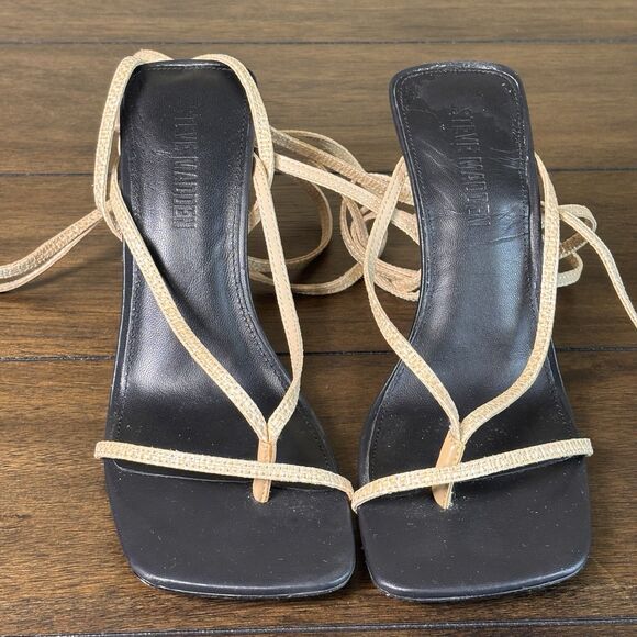 Steve Madden Athea Strappy Square Toe Heel Sandals Raffia Size 7.5 Ankle Strap - Picture 2 of 7